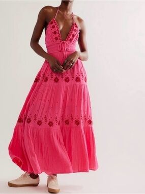 Free People Real Love Halter Maxi Dress with Floral Embroidery - NWT Size S